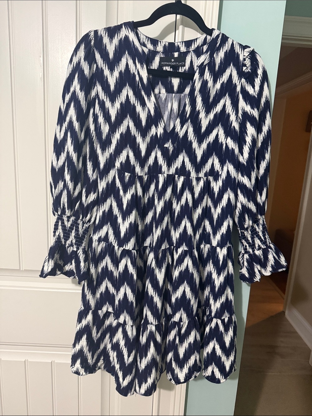 Vintage Pomander Place Navy & White Chevron Tiered Long Sleeve Dress